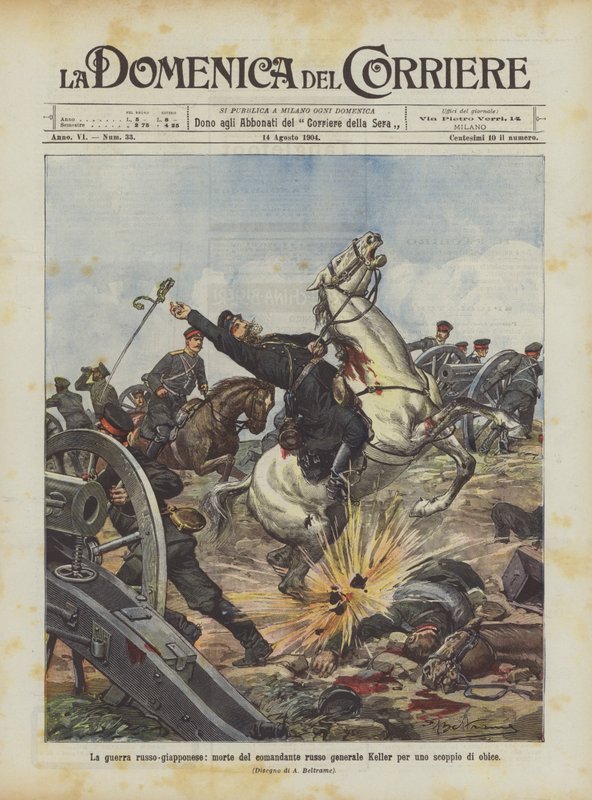 La guerra russo-giapponese, morte del comandante russo generale Keller per uno scoppio di obice da Achille Beltrame