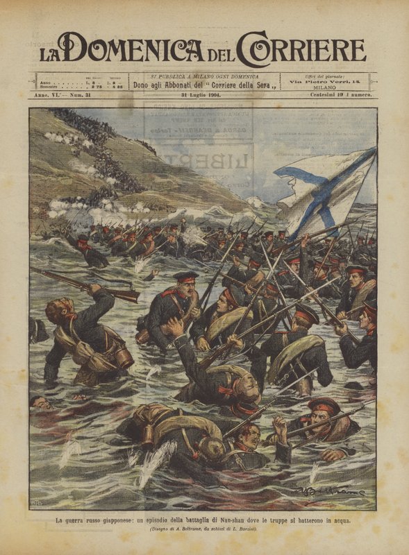 La guerra russo-giapponese, un episodio della battaglia di Nan-shan dove le truppe si batterono in acqua da Achille Beltrame