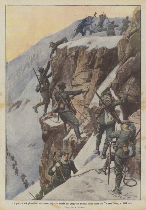 La guerra sui ghiacciai, un nostro reparto assale un drappello nemico sulla cima del Tuckett Spitz, a 3469 metri da Achille Beltrame
