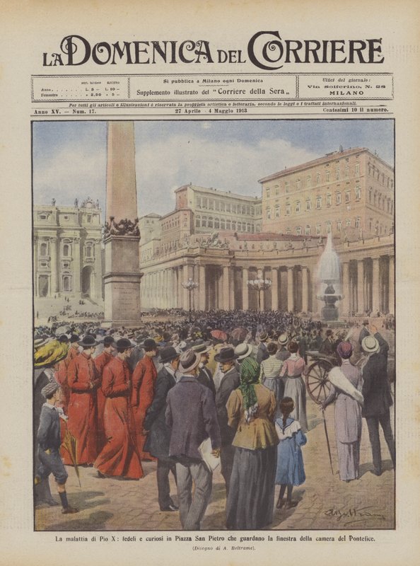 La malattia di Pio X, fedeli e curiosi in Piazza San Pietro che guardano la finestra della camera del Pontefice da Achille Beltrame