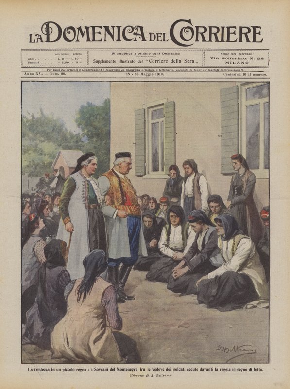 La tristezza in un piccolo regno, i Sovrani del Montenegro fra le vedove dei soldati sedute da Achille Beltrame