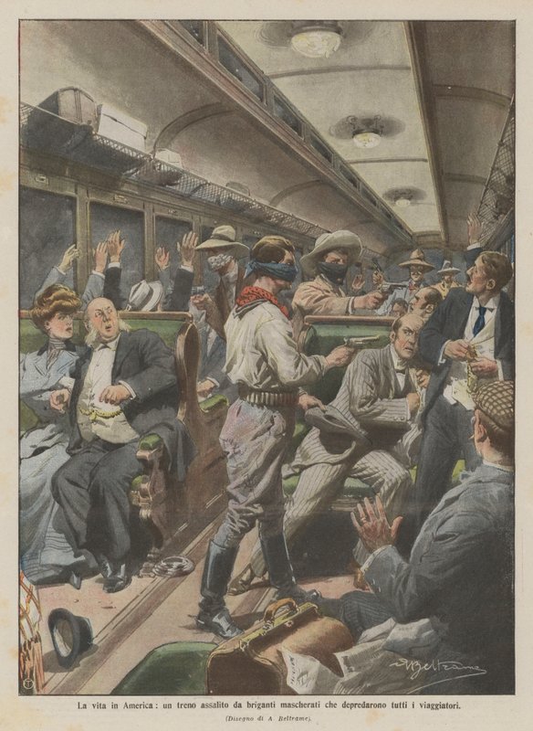La vita in America, un treno assalito da briganti mascherati che depredarono tutti i viaggiatori da Achille Beltrame