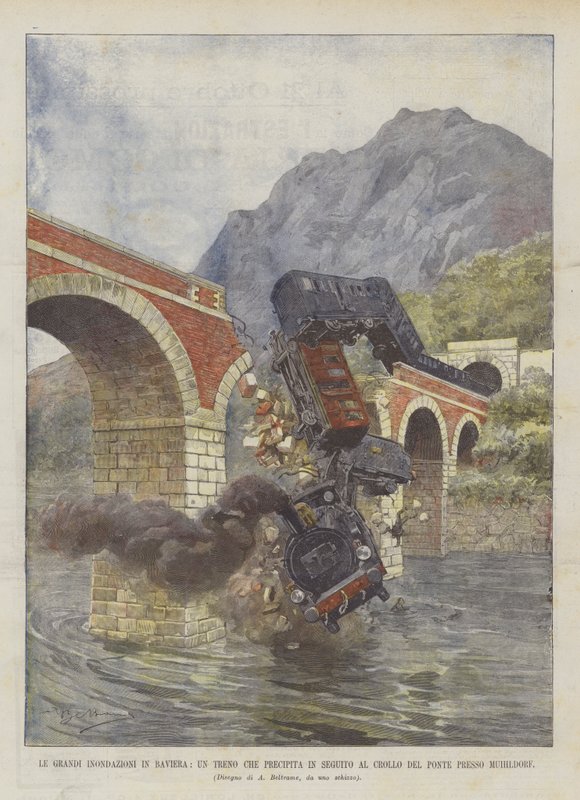 Le grandi inondazioni in Baviera, un treno che precipita in seguito al crollo del ponte presso Mühldorf da Achille Beltrame
