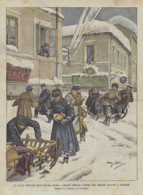 Le grandi nevicate nella Piccola Russia, i soldati portano i viveri agli abitanti bloccati a Charkow da Achille Beltrame
