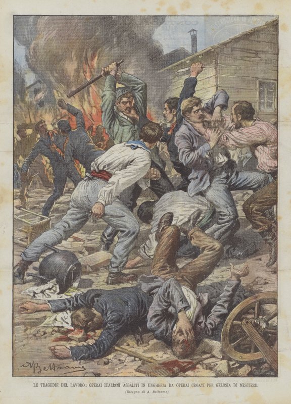 Le tragedie del lavoro, operai italiani assaliti in Ungheria da operai per gelosia di mestiere da Achille Beltrame