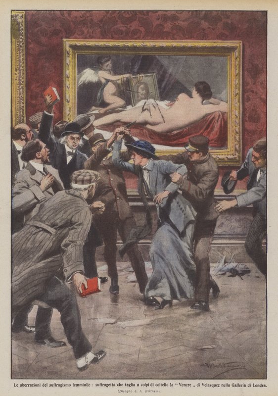 Aberrazioni del suffragismo femminile, suffragetta taglia la Venere da Achille Beltrame