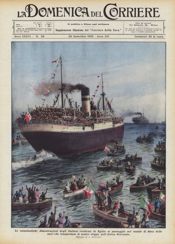 Le entusiastiche dimostrazioni degli Italiani residenti in Egitto al passaggio nel canale di Suez da Achille Beltrame