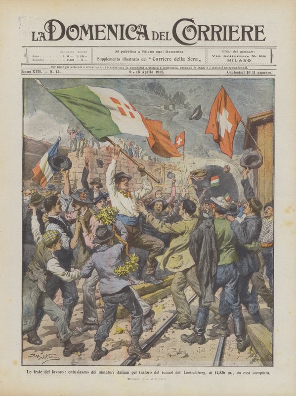 Feste del lavoro, entusiasmo dei minatori italiani per il traforo del tunnel del Loetschberg da Achille Beltrame