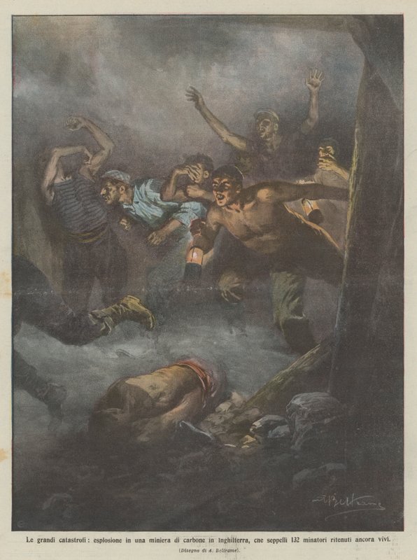 Le grandi catastrofi, esplosione in una miniera di carbone in Inghilterra, che seppellì 132 da Achille Beltrame