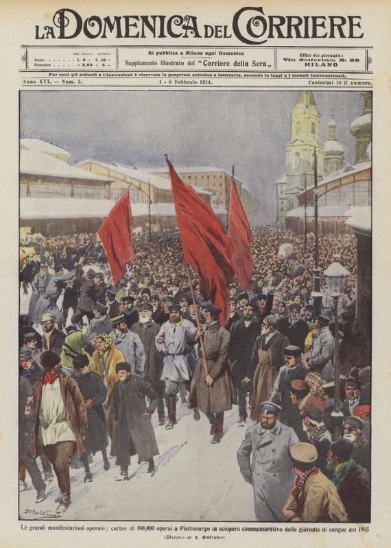 Corteo di 100,000 operai a Pietroburgo in sciopero commemorativo da Achille Beltrame