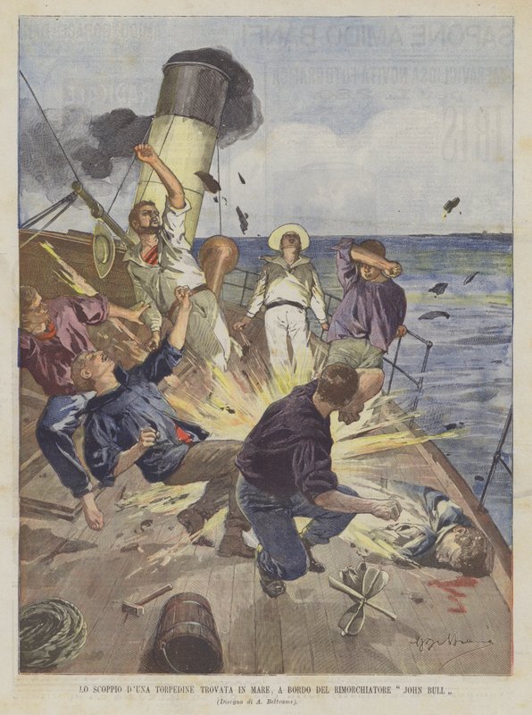 Lo scoppio di una torpedine trovata in mare, a bordo del rimorchiatore John Bull da Achille Beltrame