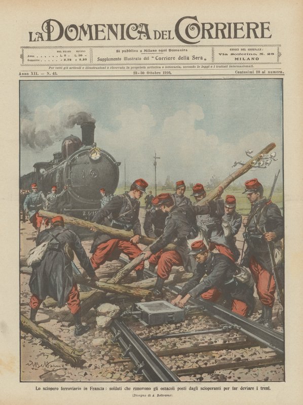 Lo sciopero ferroviario in Francia, soldati che rimuovono gli ostacoli posti dagli scioperanti da Achille Beltrame