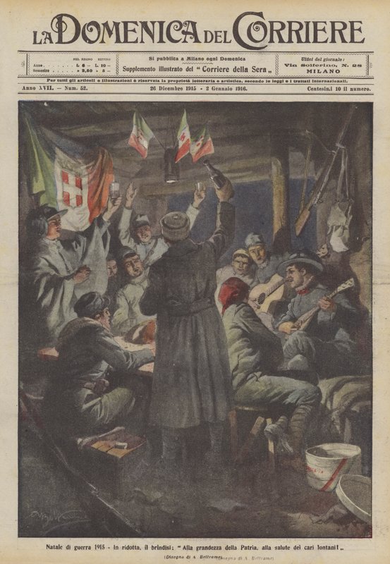 Natale di guerra 1915, brindisi nella ridotta, alla grandezza della Patria, alla salute dei cari lontani! da Achille Beltrame