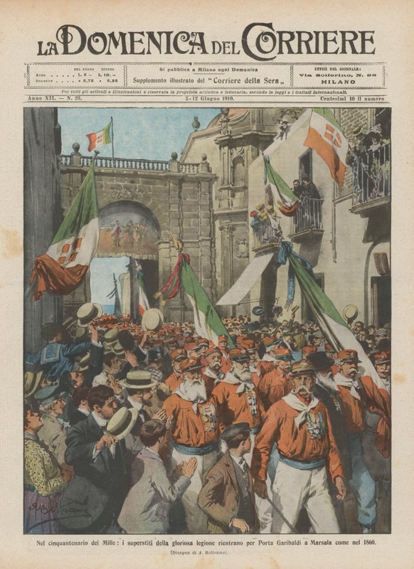 Nel cinquantenario dei Mille, i superstiti della gloriosa legione rientrano per Porta Garibaldi da Achille Beltrame