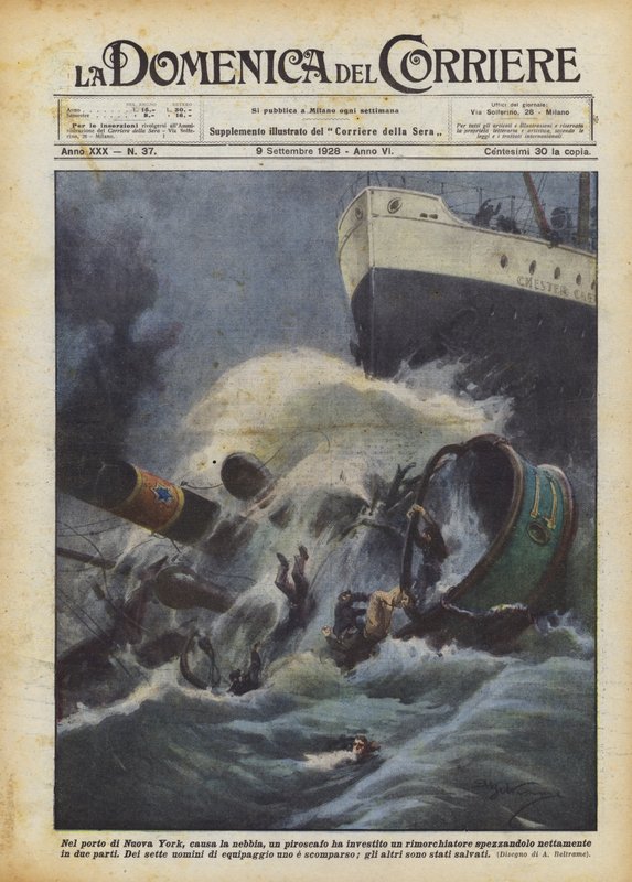 Nel porto di Nuova York, causa la nebbia, un piroscafo ha investito un rimorchiatore spezzandolo? da Achille Beltrame