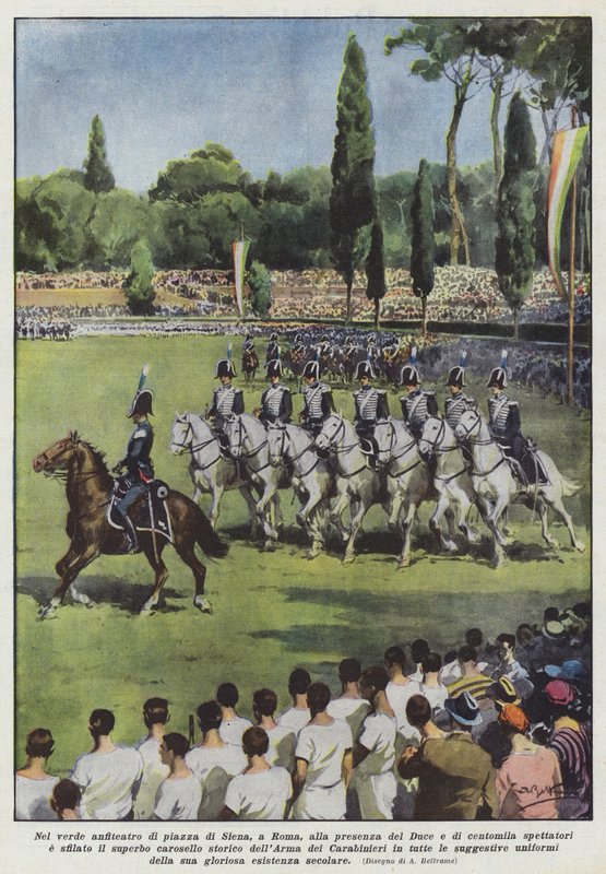 Nel verde anfiteatro di piazza di Siena, a Roma, alla presenza del Duce e di centomila spettatori da Achille Beltrame