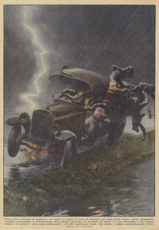 Presso Siena, durante un temporale, una saetta ha colpito in pieno un autocarro sul quale erano da Achille Beltrame