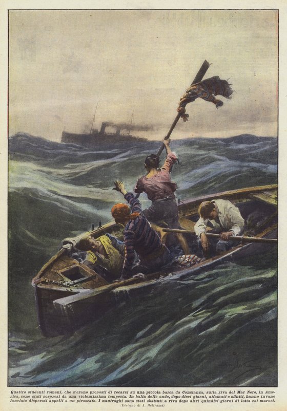 Quattro studenti romeni su una piccola barca da Constanza da Achille Beltrame