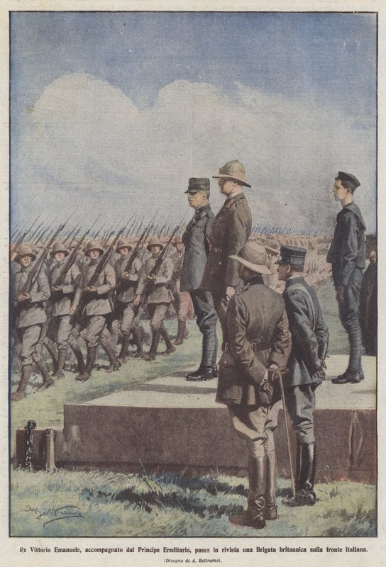 Re Vittorio Emanuele, accompagnato dal Principe Ereditario, passa in rivista una Brigata da Achille Beltrame