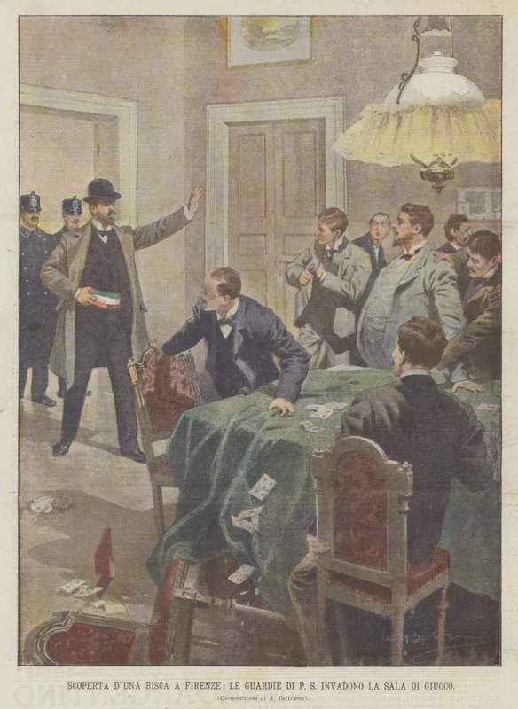 Scoperta di una bisca a Firenze, le guardie di P.S. invadono la sala di gioco da Achille Beltrame