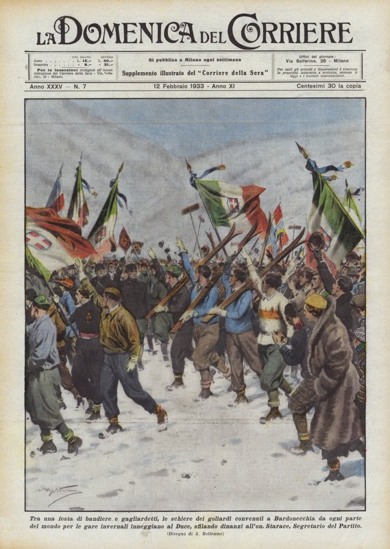 Tra una festa di bandiere e gagliardetti, le schiere dei goliardi convenuti a Bardonecchia da Achille Beltrame