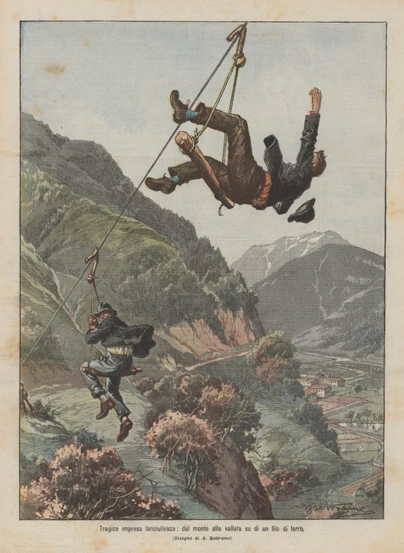 Tragica impresa fanciullesca, dal monte alla vallata su di un filo di ferro da Achille Beltrame