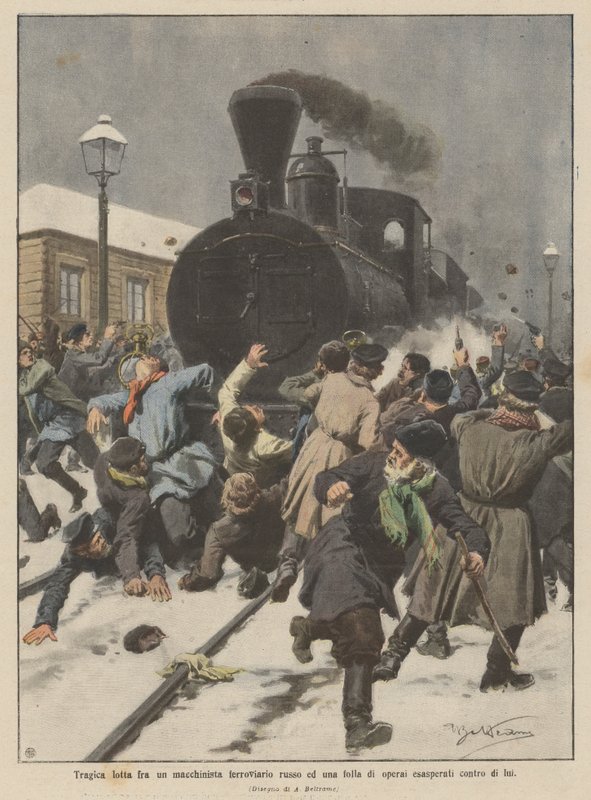 Tragica lotta fra un macchinista ferroviario russo ed una folla di operai esasperati contro di lui da Achille Beltrame