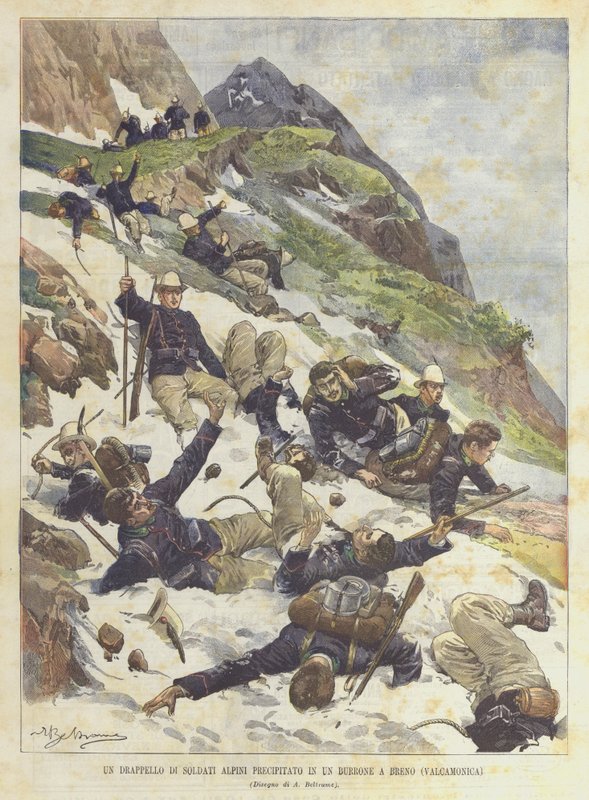 Un drappello di soldati alpini precipitato in un burrone a Breno (Valcamonica) da Achille Beltrame