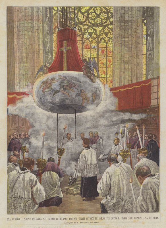 Una curiosa funzione religiosa nel Duomo di Milano, prelati tirati su con le corde fin sotto da Achille Beltrame