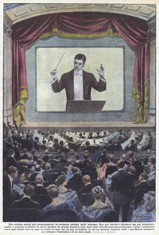 Una curiosa novità nel cinematografo, le orchestre guidate dallo schermo da Achille Beltrame