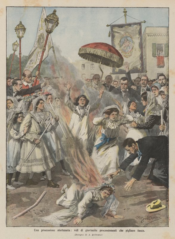 Una processione sfortunata, veli di giovinette in processione che prendono fuoco da Achille Beltrame