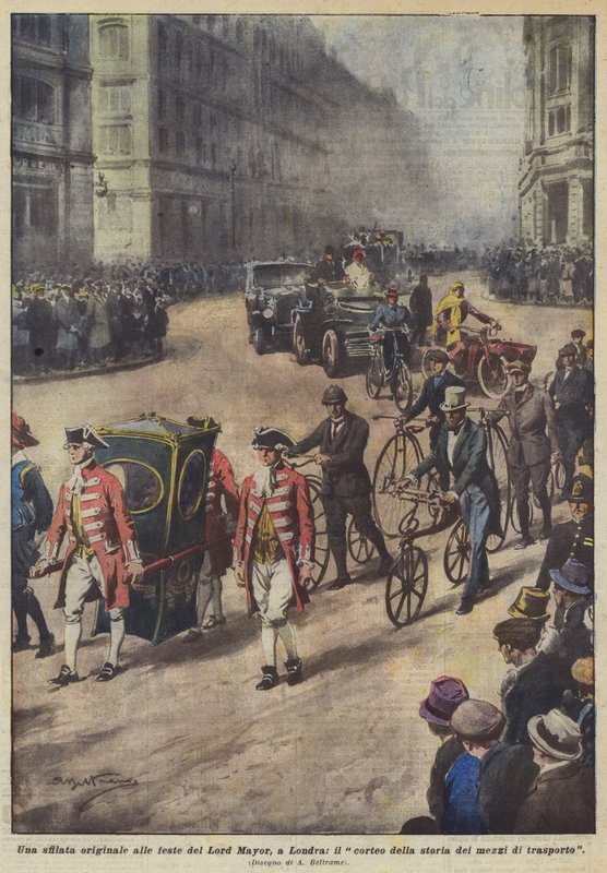 Una sfilata originale alle feste del Lord Mayor, a Londra, il corteo della storia dei mezzi di trasporto da Achille Beltrame