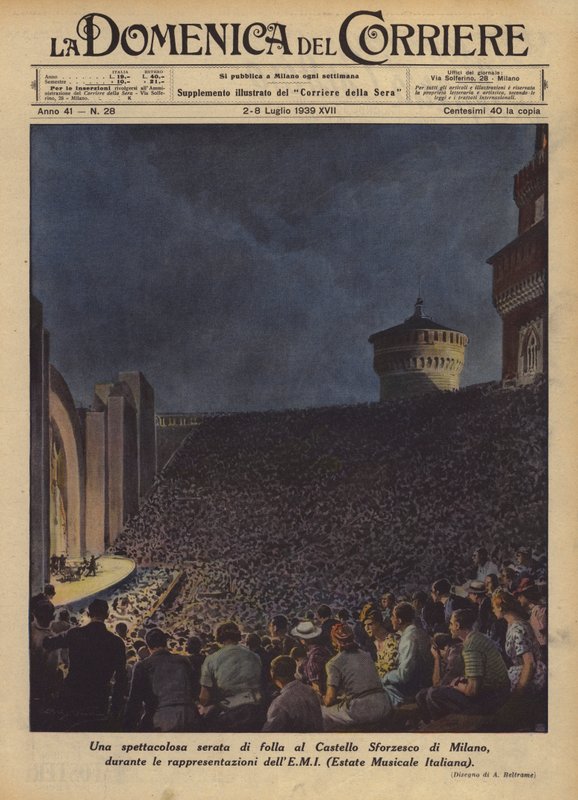 Una spettacolosa serata di folla al Castello Sforzesco di Milano, durante le rappresentazioni? da Achille Beltrame