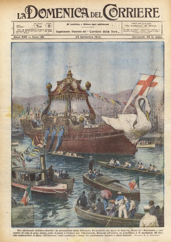Uno spettacolo indimenticabile, la processione della Flottiglia Eucaristica sul mare di Genova da Achille Beltrame