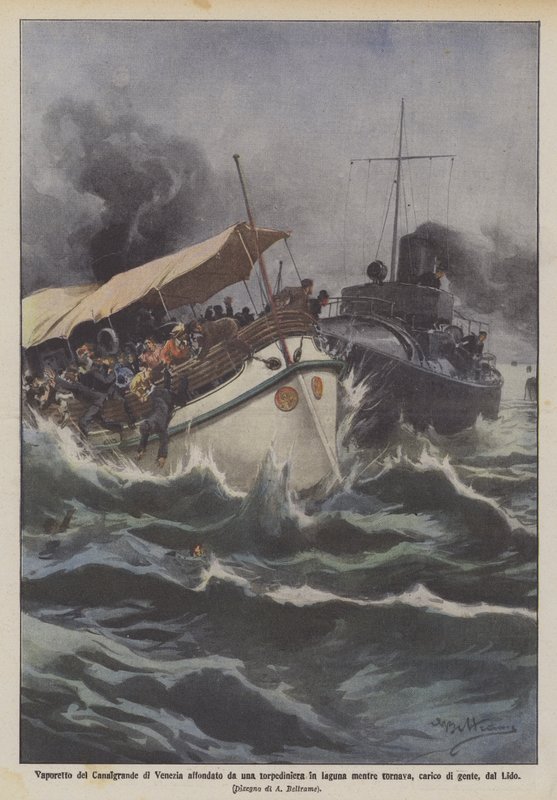 Vaporetto del Canal Grande affondato da una torpediniera in laguna da Achille Beltrame