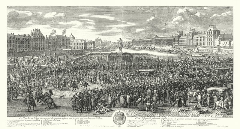 Luigi XIV di Francia e la sua guardia attraversano il Pont-Neuf a Parigi diretti al Palazzo del Louvre (incisione) da Adam Frans van der Meulen