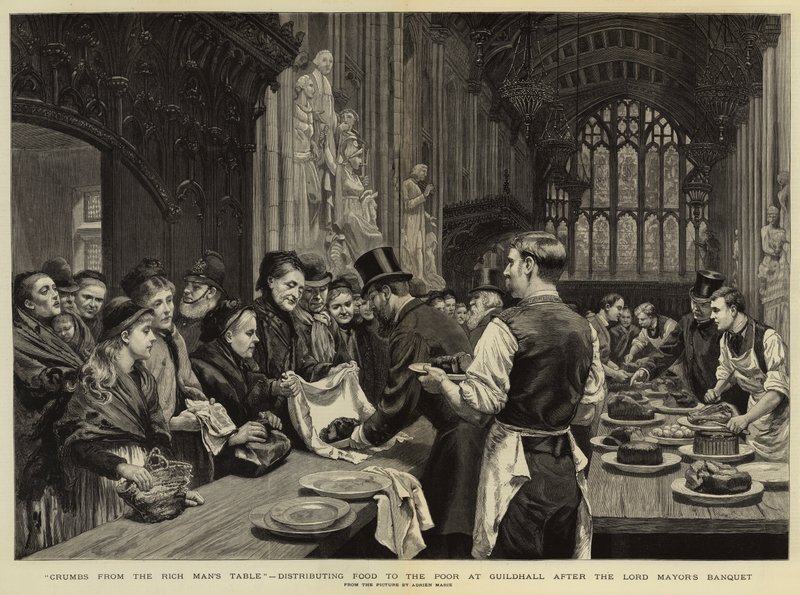 Briciole dalla tavola del ricco, distribuzione di cibo ai poveri alla Guildhall dopo il banchetto del sindaco da Adrien Emmanuel Marie