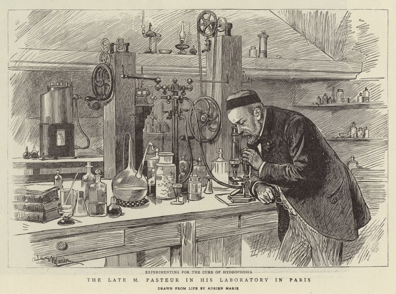 Il defunto M Pasteur nel suo laboratorio a Parigi da Adrien Emmanuel Marie
