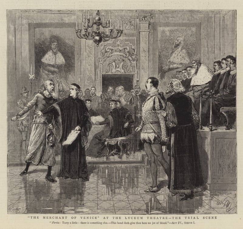 Il mercante di Venezia al Lyceum Theatre, la scena del processo da Adrien Emmanuel Marie