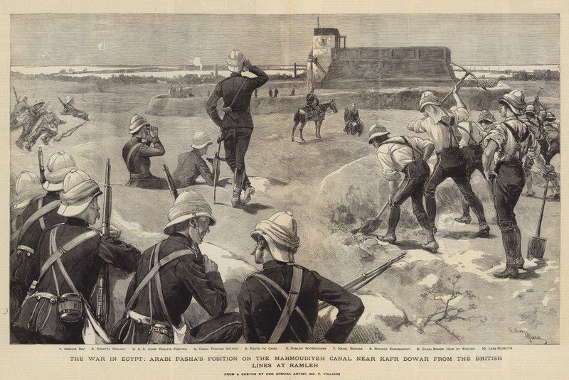 La guerra in Egitto, la posizione di Arabi Pasha sul canale Mahmoudiyeh vicino a Kafr Dowar dalle linee britanniche a Ramleh da Adrien Emmanuel Marie
