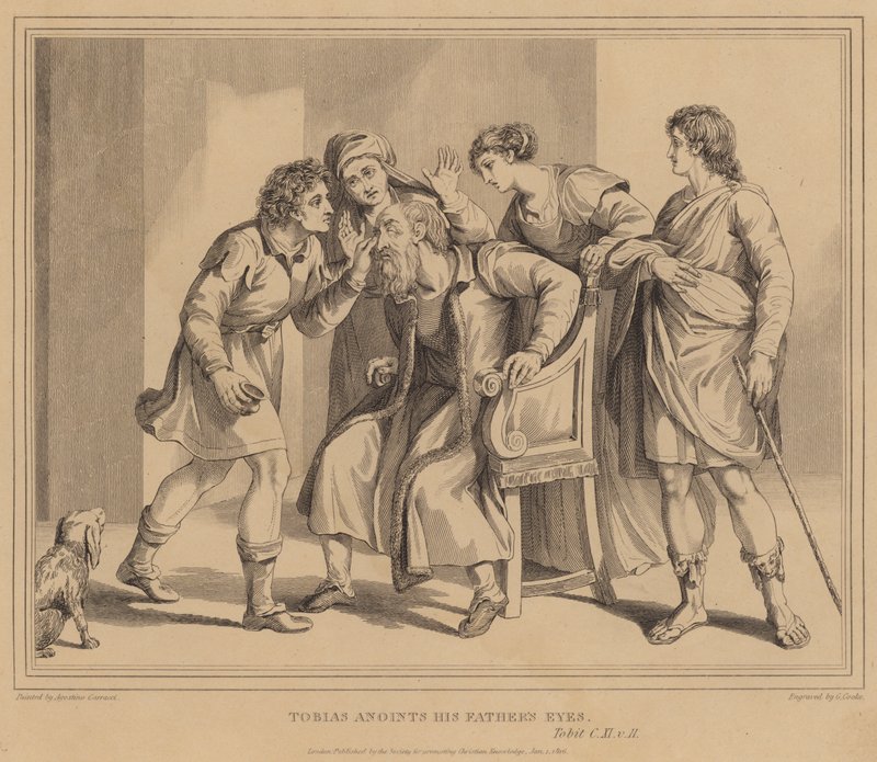 Tobia unge gli occhi di suo padre, Tobia da Agostino Carracci