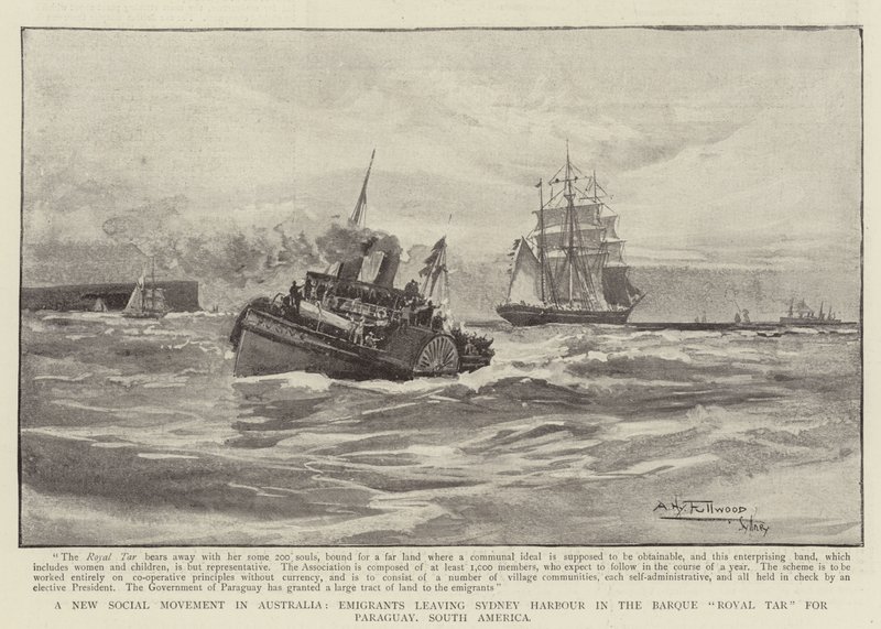 Un nuovo movimento sociale in Australia, emigranti che lasciano il porto di Sydney sulla barca Royal Tar per il Paraguay, Sud America da Albert Henry Fullwood