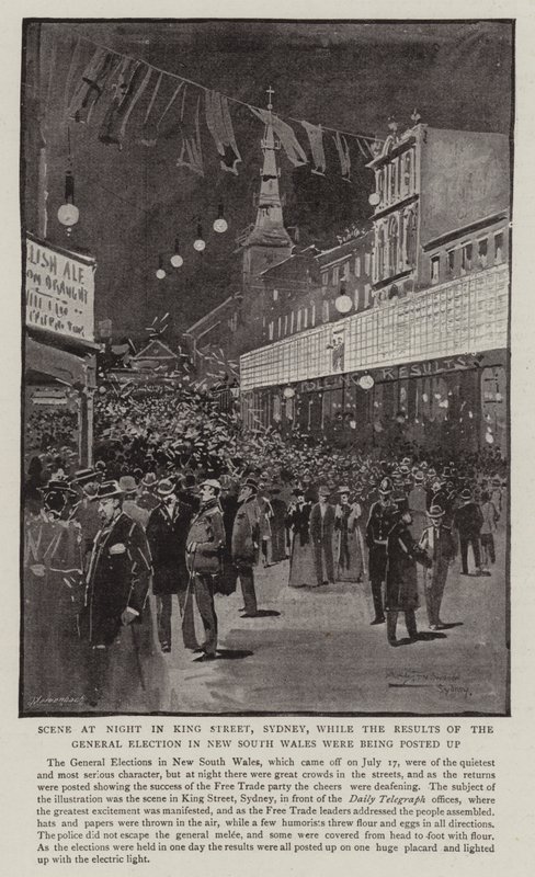 Scena notturna in King Street, Sydney, mentre venivano affissi i risultati delle elezioni generali nel Nuovo Galles del Sud da Albert Henry Fullwood