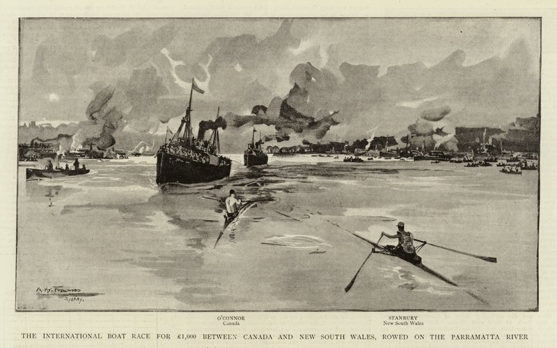La gara internazionale di barche per £1,000 tra Canada e Nuovo Galles del Sud, remata sul fiume Parramatta da Albert Henry Fullwood
