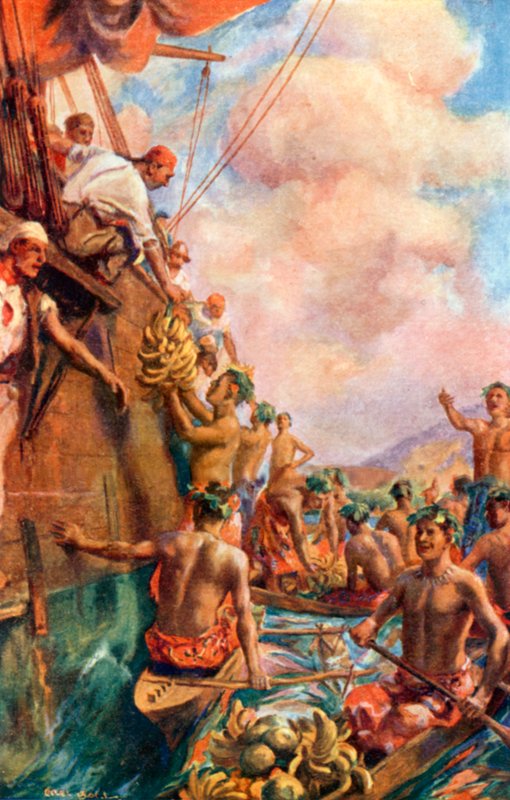 Arrivo del Capitano Cook a Tahiti (litografia a colori) da Alec Ball