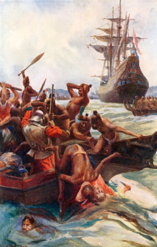 Gli uomini di Tasman attaccati dagli indigeni al largo della Nuova Zelanda (litografia a colori) da Alec Ball