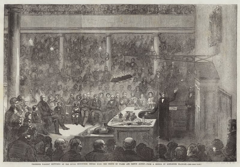 Il professor Faraday che tiene una lezione alla Royal Institution, davanti a SAR il Principe di Galles e il Principe Alberto da Alexander Blaikley