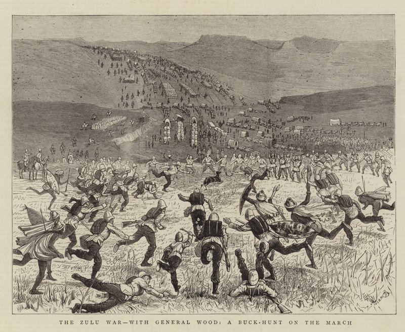 La Guerra Zulu, con il Generale Wood, una Caccia al Cervo durante la Marcia da Alfred Chantrey Corbould