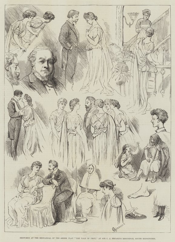 Schizzi alla prova della commedia greca Il racconto di Troia, presso la residenza di Sir C J Freake, South Kensington da Alfred Courbould