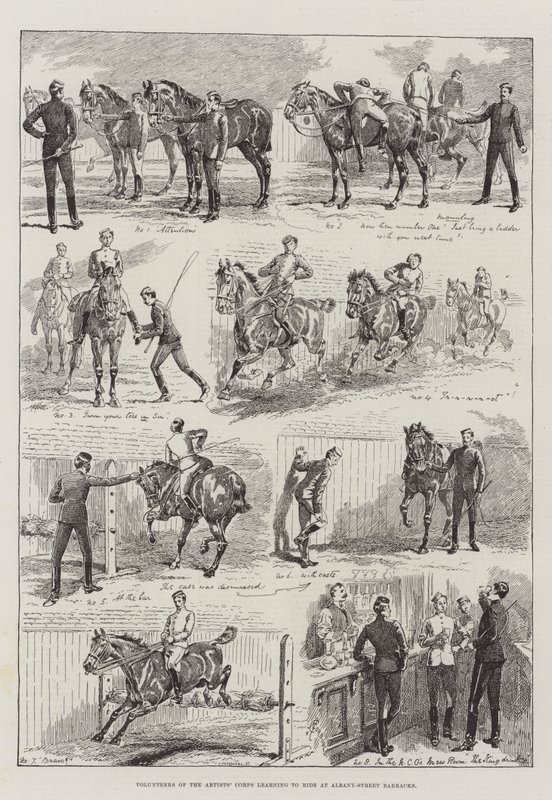 Volontari del Corpo degli Artisti che imparano a cavalcare alla caserma di Albany-Street da Alfred Courbould